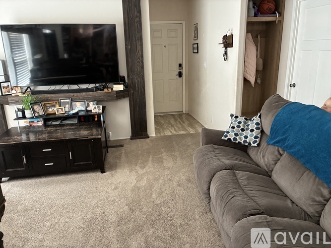 A living room with a grey couch and a black television.
