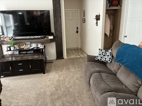 A living room with a grey couch and a black television.