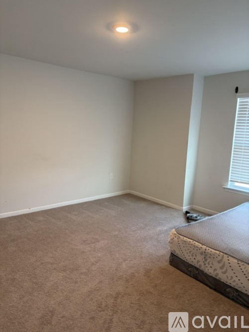 A bedroom with a bed and a carpeted floor.