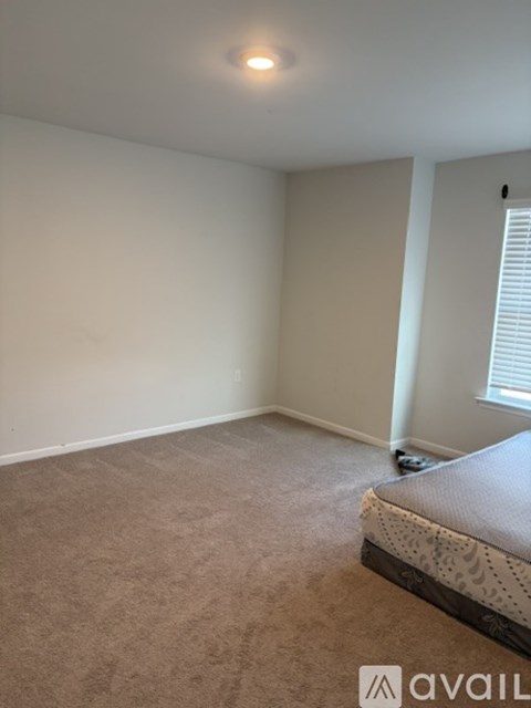 A bedroom with a bed and a carpeted floor.