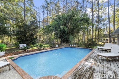 A pool surrounded by trees and a deck with chairs.