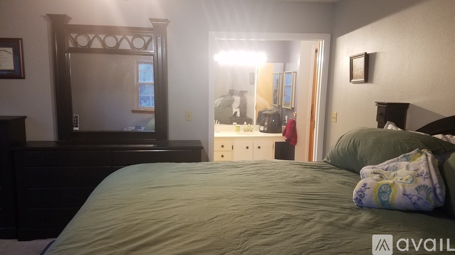 A bedroom with a bed, dresser, and mirror.