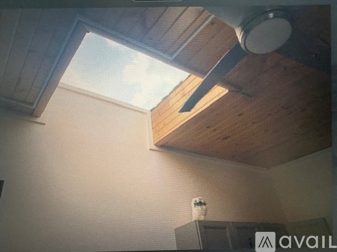 A room with a skylight and a ceiling fan.