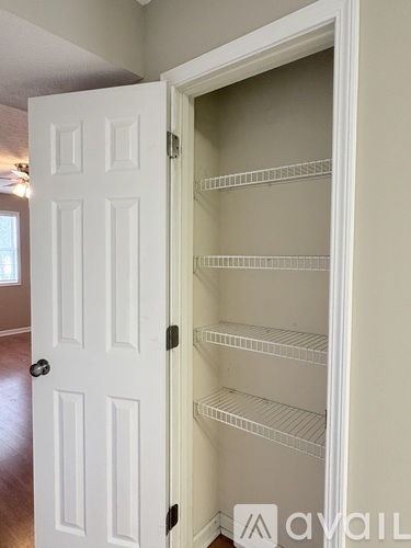 A white door with a black handle is open to a pantry with empty shelves.