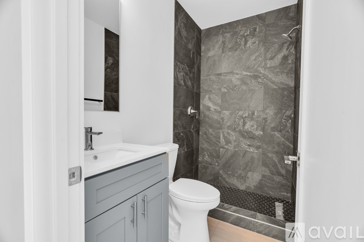 A bathroom with a toilet, sink, and a walk-in shower.