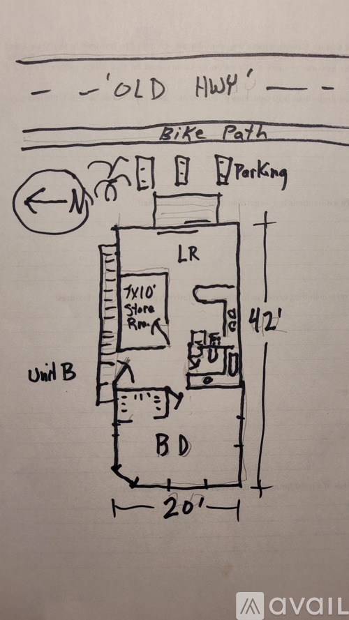 A hand-drawn diagram of a floor plan with labels for "Bike Path", "Parking", "Unit B", and "Unit BD".