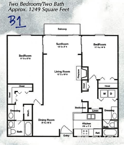 A floor plan for a two bedroom/two bath apartment with an approximate area of 1249 square feet.