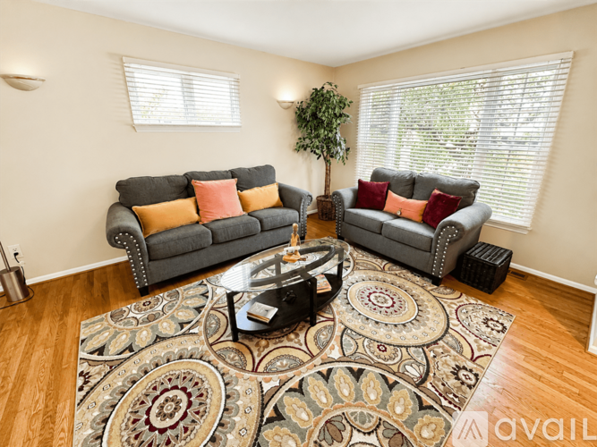 A living room with two grey couches and a patterned rug.
