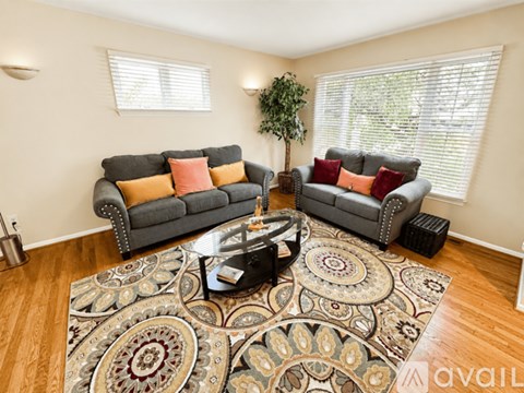A living room with two grey couches and a patterned rug.