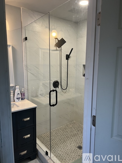 A bathroom with a glass shower door and a white sink.