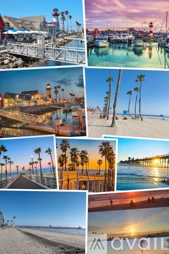A collage of various beach scenes with palm trees, a pier, and a sunset.
