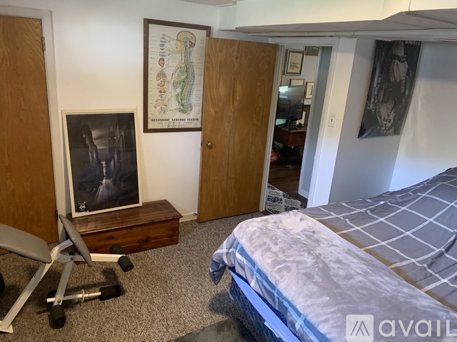 A bedroom with a bed, a desk with a chair, and a framed picture on the wall.