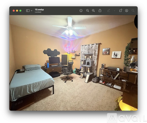 A bedroom with a bed, desk, chair, and a ceiling fan.
