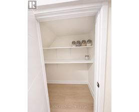 A white closet with shelves and a door.
