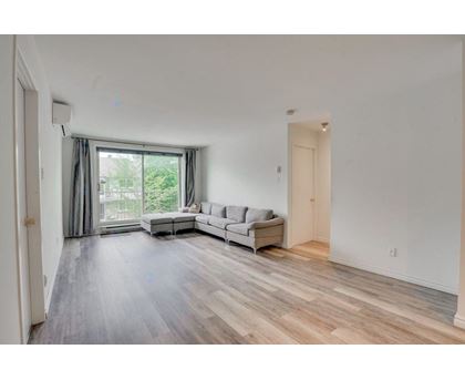 A spacious living room with a grey sofa and a large window.