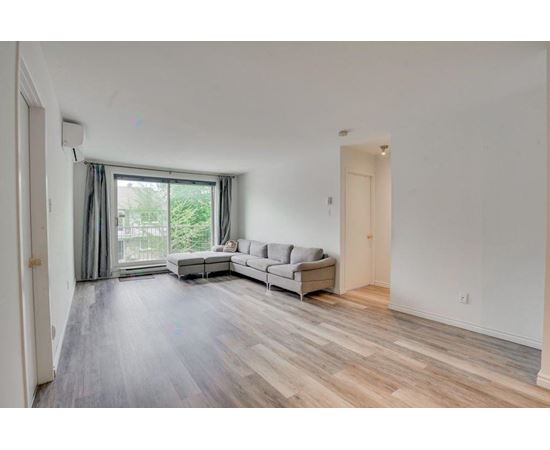 A spacious living room with a grey sofa and a large window.