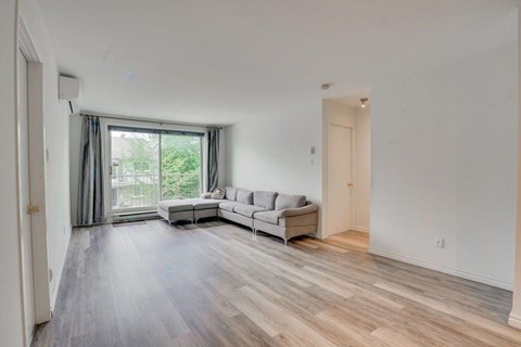 A spacious living room with a grey sofa and a large window.