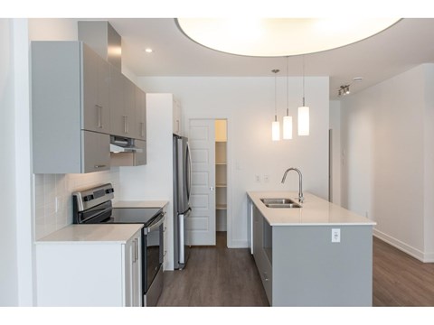 A modern kitchen with a refrigerator, sink, and cabinets.