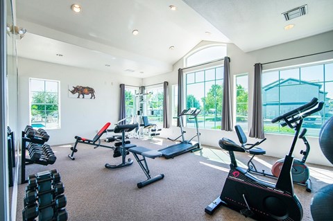 A spacious home gym with a variety of exercise equipment.