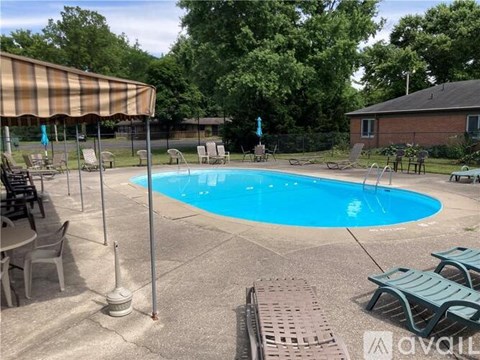 A pool surrounded by trees and a patio with chairs.