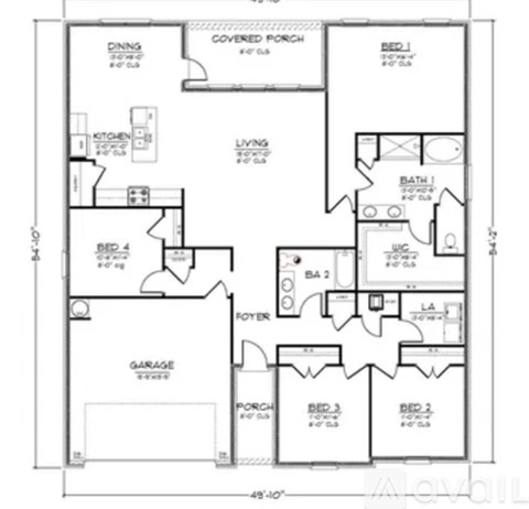 A floor plan of a house with labeled rooms such as Bed 1, Bath, Kitchen, and Dining.