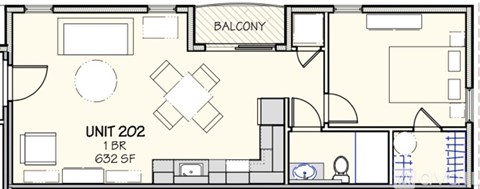 A floor plan of a one-bedroom apartment in the balcony section.