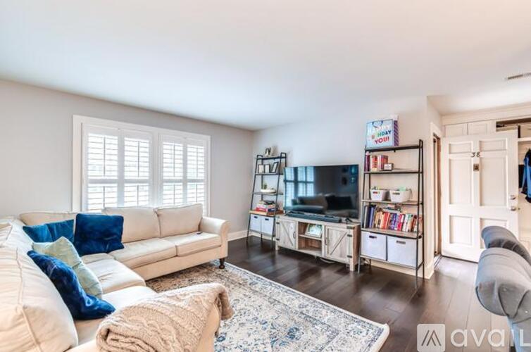 A living room with a white couch, a television, and a rug.