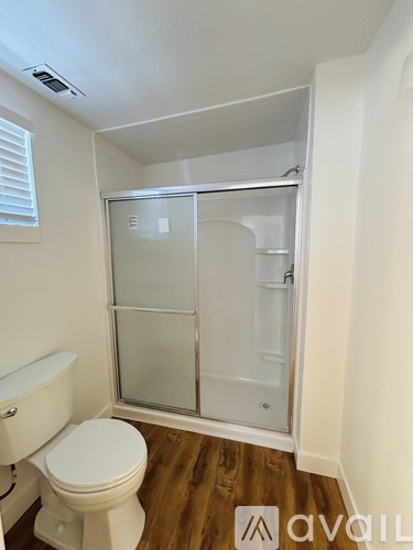 A white toilet sits next to a walk-in shower.