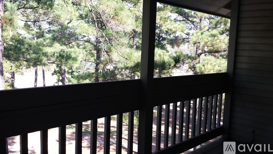 A balcony with a view of a wooded area.