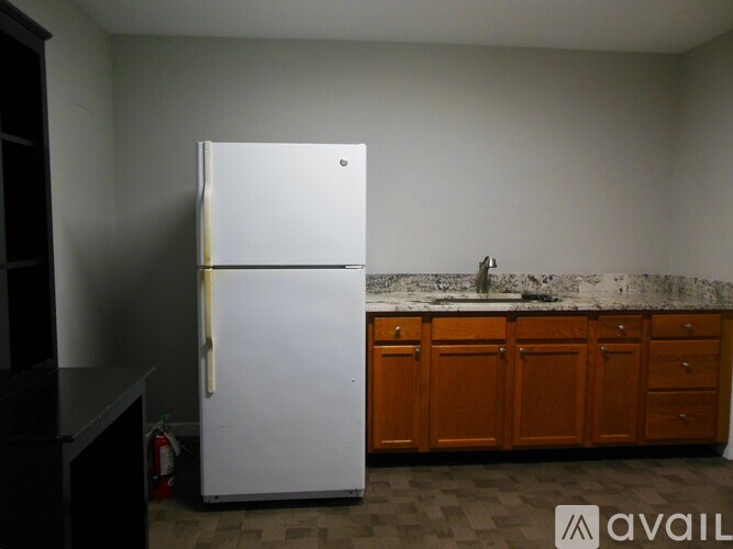 A white refrigerator stands in a kitchen with wooden cabinets and a marble countertop.