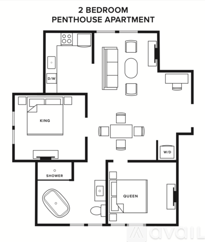 A black and white floor plan of a 2 bedroom penthouse apartment.