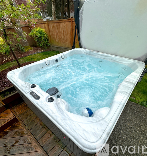 A hot tub with a blue ball in it.