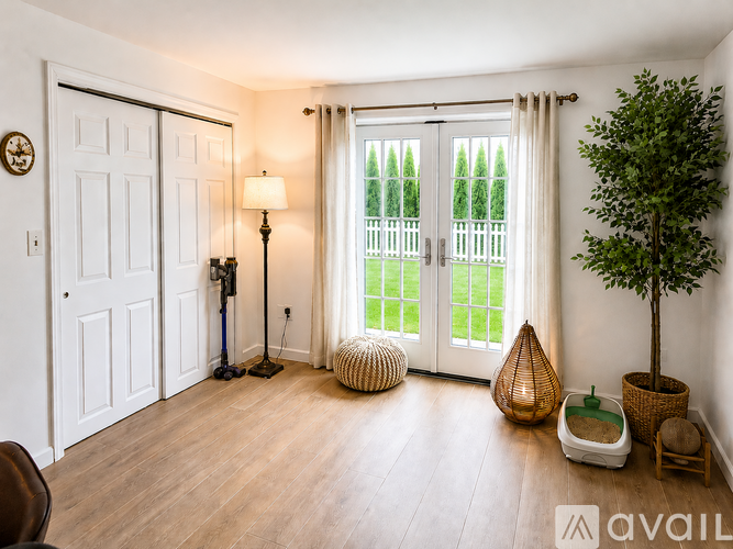 A room with a white door, a lamp, a tree, and a window with a view of a fence and trees outside.
