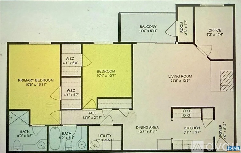 A floor plan of a house with a balcony, two bedrooms, a living room, a dining area, a kitchen, a bathroom, a utility room, and a hall.