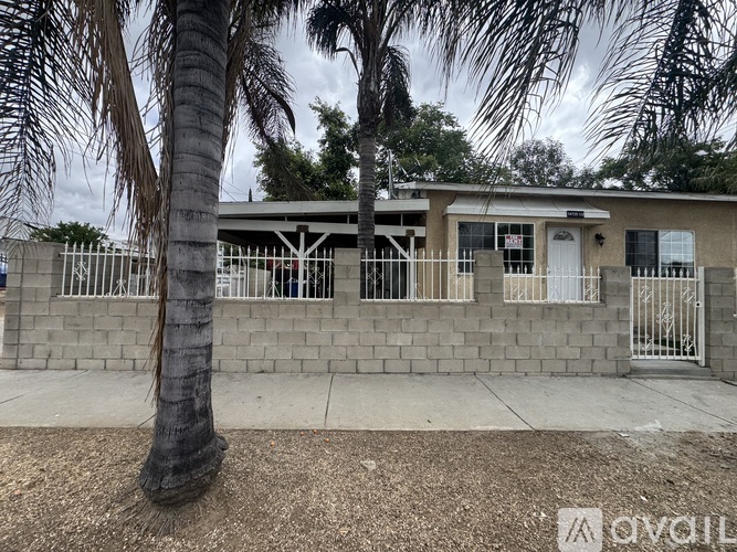 A house with a white door and windows is surrounded by a fence and a palm tree.