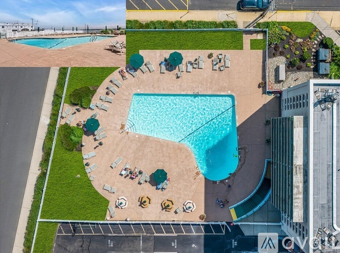 An aerial view of a swimming pool surrounded by lounge chairs and umbrellas.