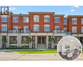 A red brick building with a balcony and a small inset picture of a living room.