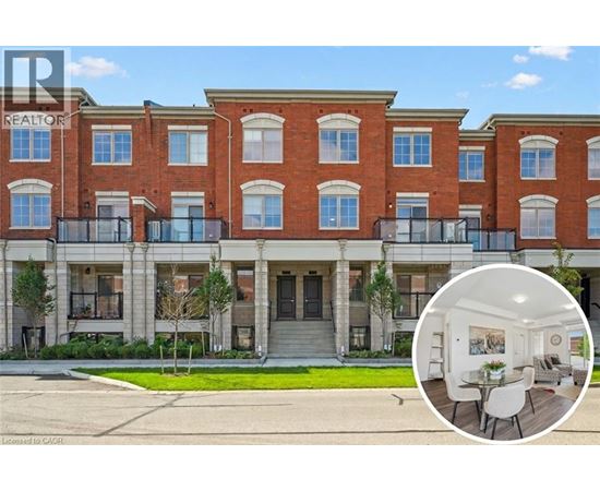 A red brick building with a balcony and a small inset picture of a living room.