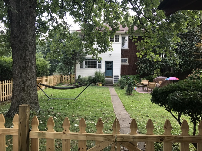 A backyard with a hammock and a wooden fence.