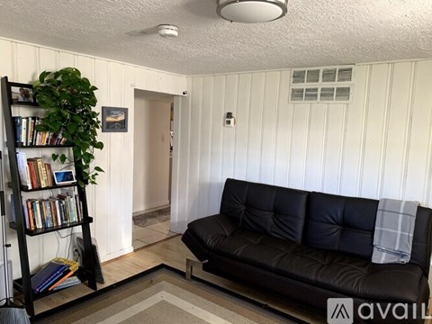 A living room with a black couch and a bookshelf.