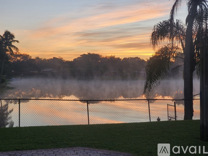 A beautiful sunset view with palm trees and a fence.
