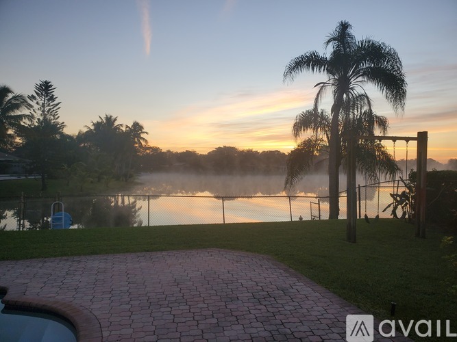 A beautiful sunrise view with a palm tree and a pool.