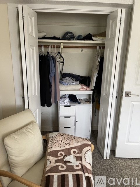 A small bedroom with a bed under the closet and a chair.