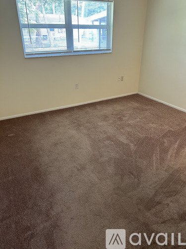 A room with a carpeted floor and a window.