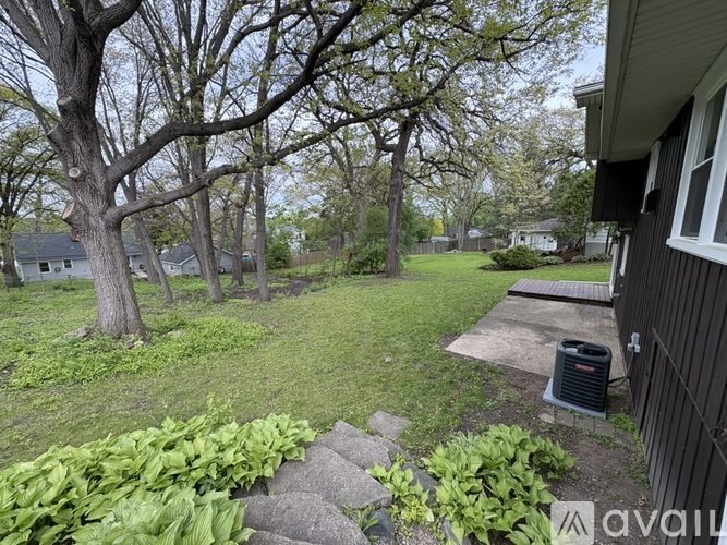 A backyard with a tree, grass, and a house.