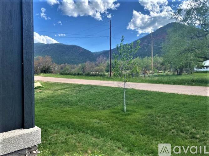 A grassy field with a tree and mountains in the background.