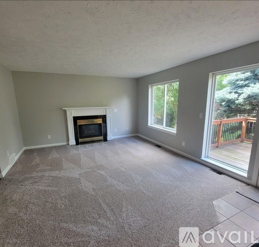 A living room with a fireplace and a carpet.
