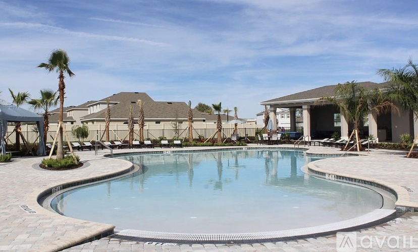 A large outdoor swimming pool surrounded by palm trees and lounge chairs.