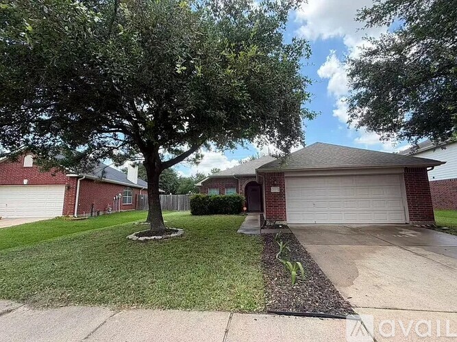 A tree in front of a house with a garage door.