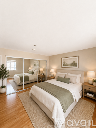 A bedroom with a large bed and a mirrored wall.